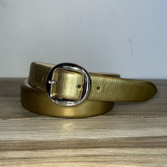 Kenneth Cole New York Belt Women’s Medium Gold Silver Buckle Full Grain Leather - Picture 1 of 8
